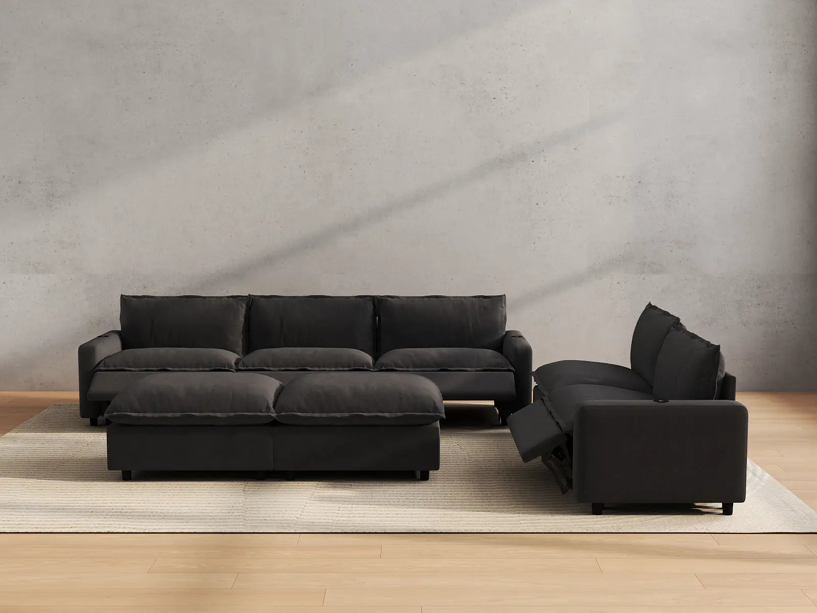 Modular Cero Recliner and Sofa Set | 7-Piece Grey Linen Large Space Sofa Sets 5-Seater with 2-Ottomans