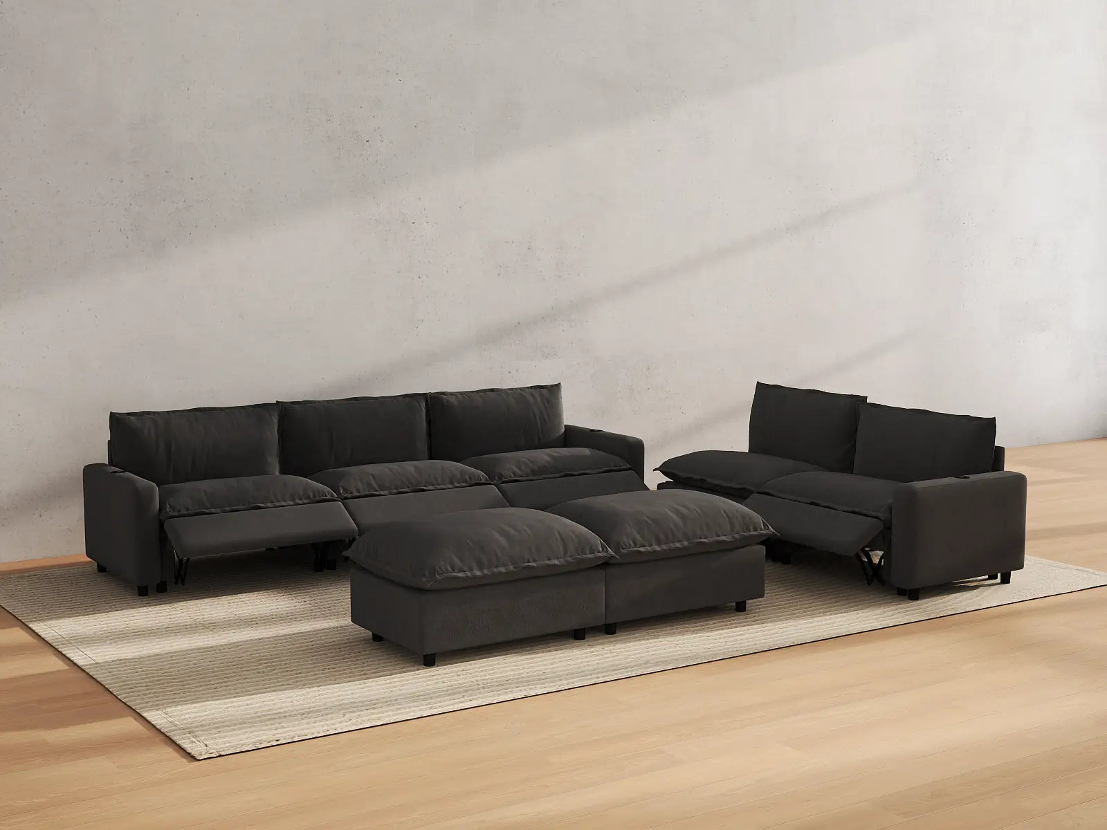 Modular Cero Recliner and Sofa Set | 7-Piece Grey Linen Large Space Sofa Sets 5-Seater with 2-Ottomans