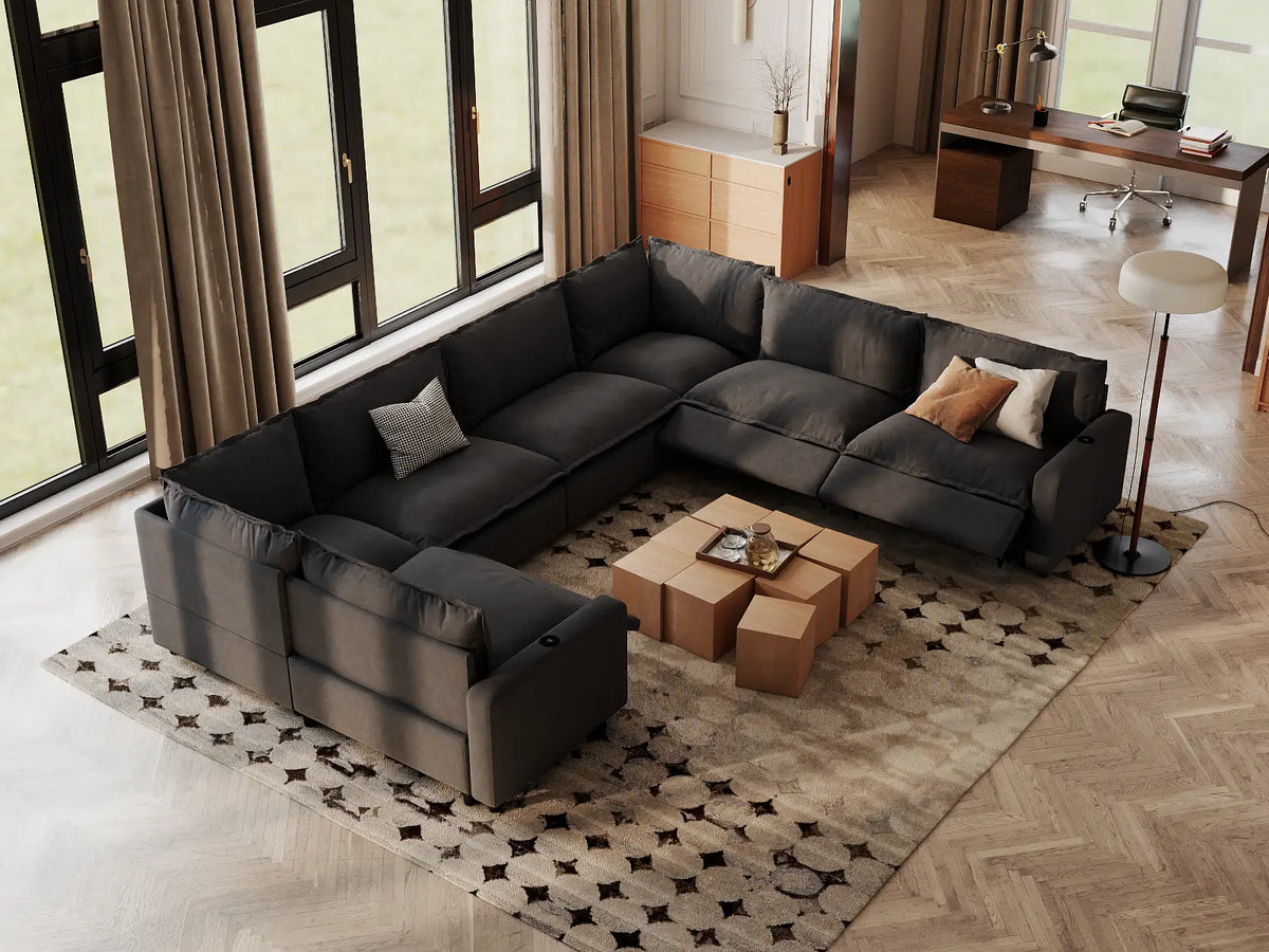Modular Cero Reclining Sectionals | 7-Piece Grey Linen Large Space U-Shaped Sectionals 7-Seater