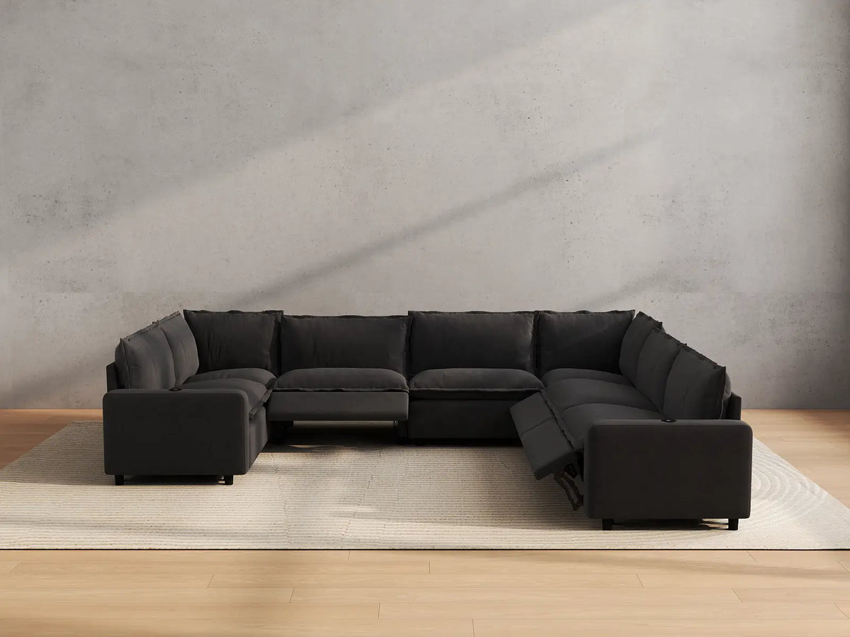 Modular Cero Reclining Sectionals | 7-Piece Grey Linen Large Space U-Shaped Sectionals 7-Seater