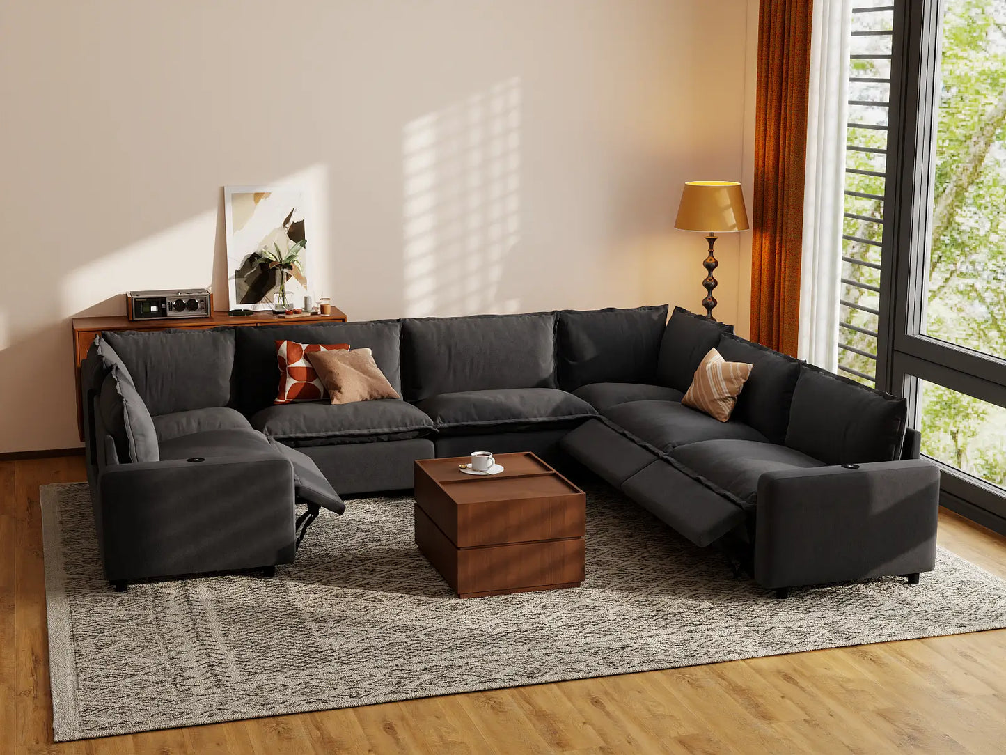 Modular Cero Reclining Sectionals | 7-Piece Grey Linen Large Space U-Shaped Sectionals 7-Seater