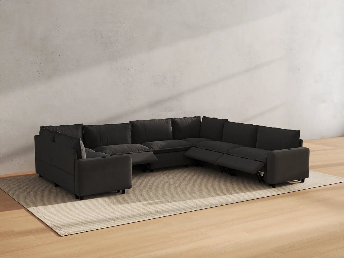 Modular Cero Reclining Sectionals | 7-Piece Grey Linen Large Space U-Shaped Sectionals 7-Seater