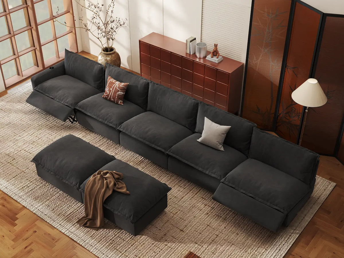 Modular Cero Power Recliner Sofa Set | 7-Piece Grey Linen Open Plan Sofa Sets 5-Seater with 2-Ottomans
