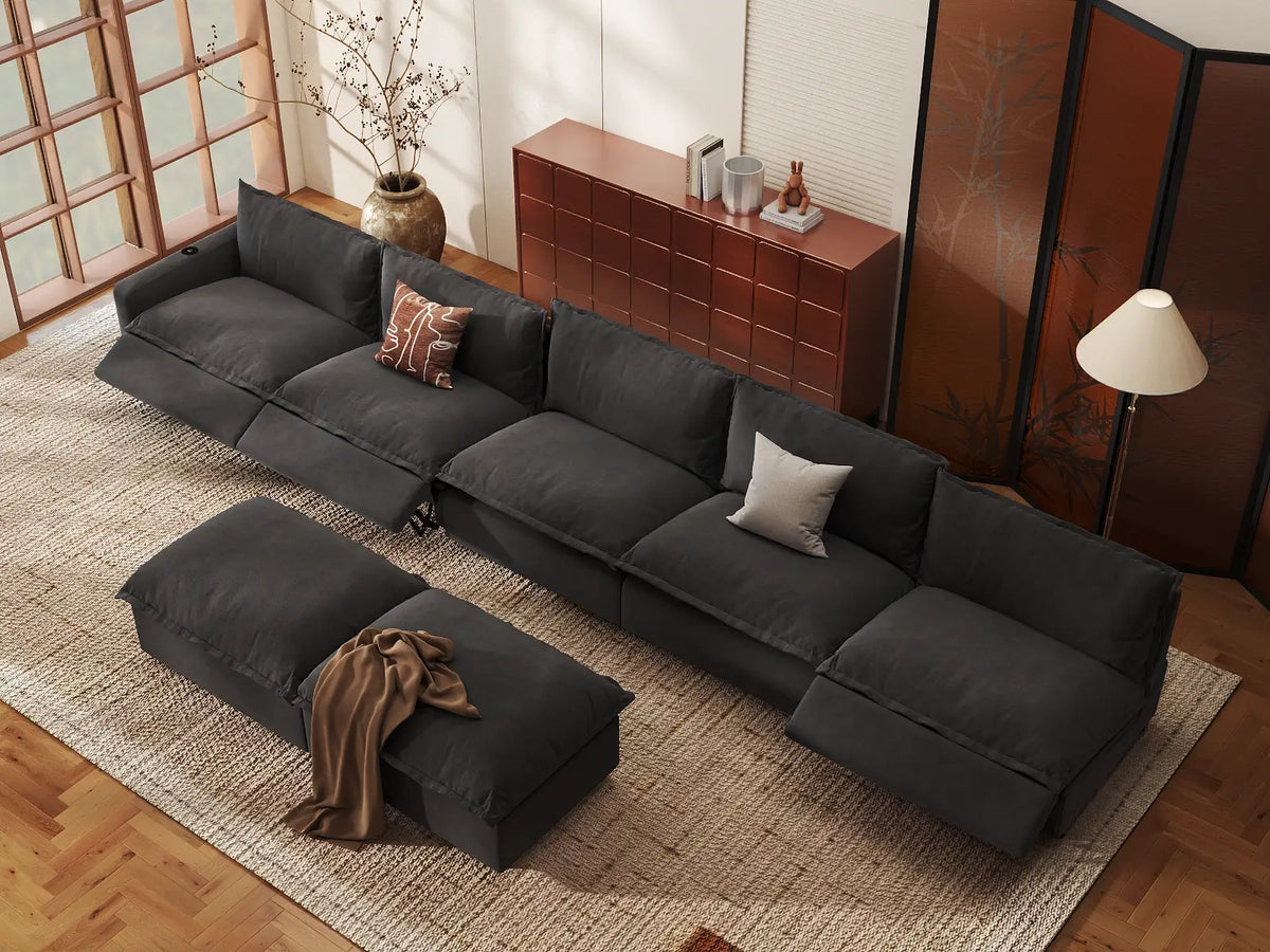 Modular Cero Recliner Sofa Set for Living Room | 7-Piece Grey Linen Open Plan Sofa Sets 5-Seater with 2-Ottomans
