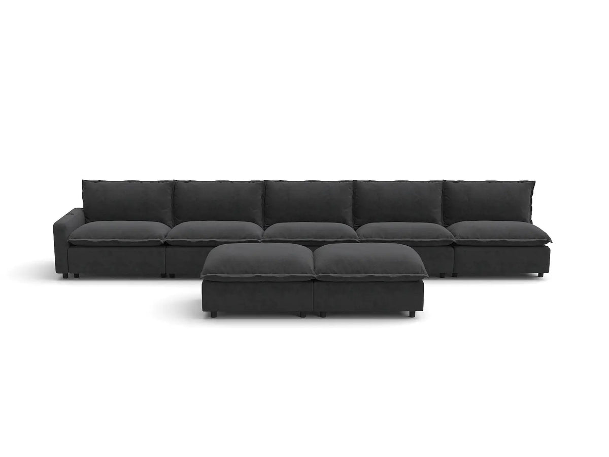Modular Cero Recliner Sofa Set for Living Room | 7-Piece Grey Linen Open Plan Sofa Sets 5-Seater with 2-Ottomans