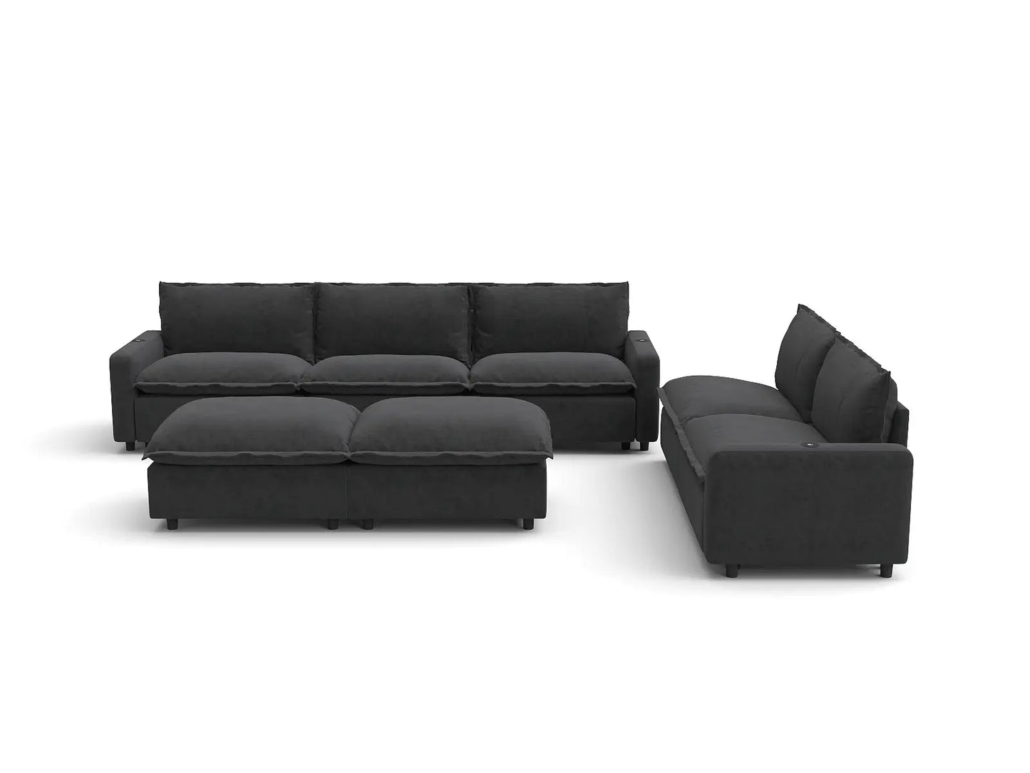 Modular Cero Reclining Sectionals | 7-Piece Grey Linen Open Plan Sofa Sets 5-Seater with 2-Ottomans