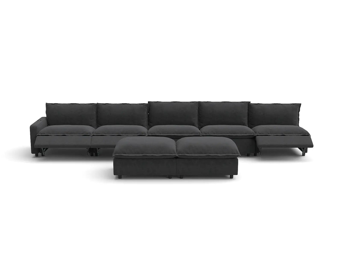 Modular Cero Recliner Sofa Set for Living Room | 7-Piece Grey Linen Open Plan Sofa Sets 5-Seater with 2-Ottomans