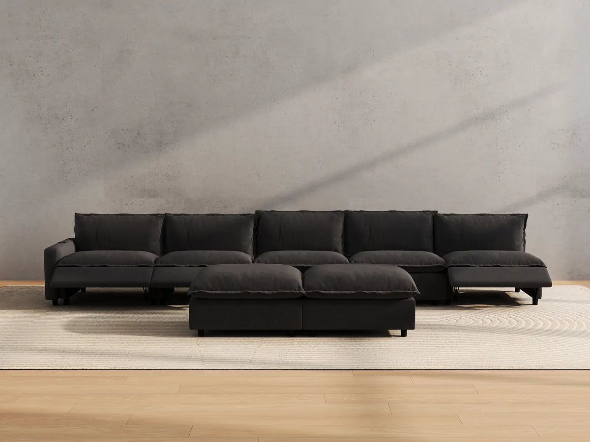 Modular Cero Recliner Sofa Set for Living Room | 7-Piece Grey Linen Open Plan Sofa Sets 5-Seater with 2-Ottomans