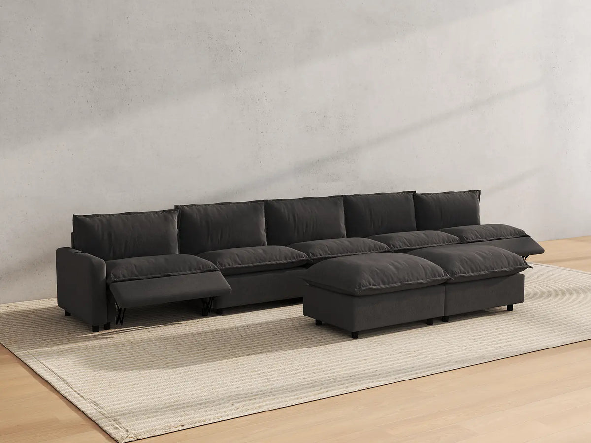 Modular Cero Power Recliner Sofa Set | 7-Piece Grey Linen Open Plan Sofa Sets 5-Seater with 2-Ottomans
