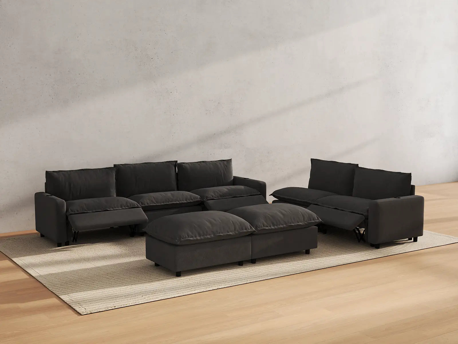 Modular Cero Power Reclining Sofa Set | 7-Piece Grey Linen Open Plan Sofa Sets 5-Seater with 2-Ottomans