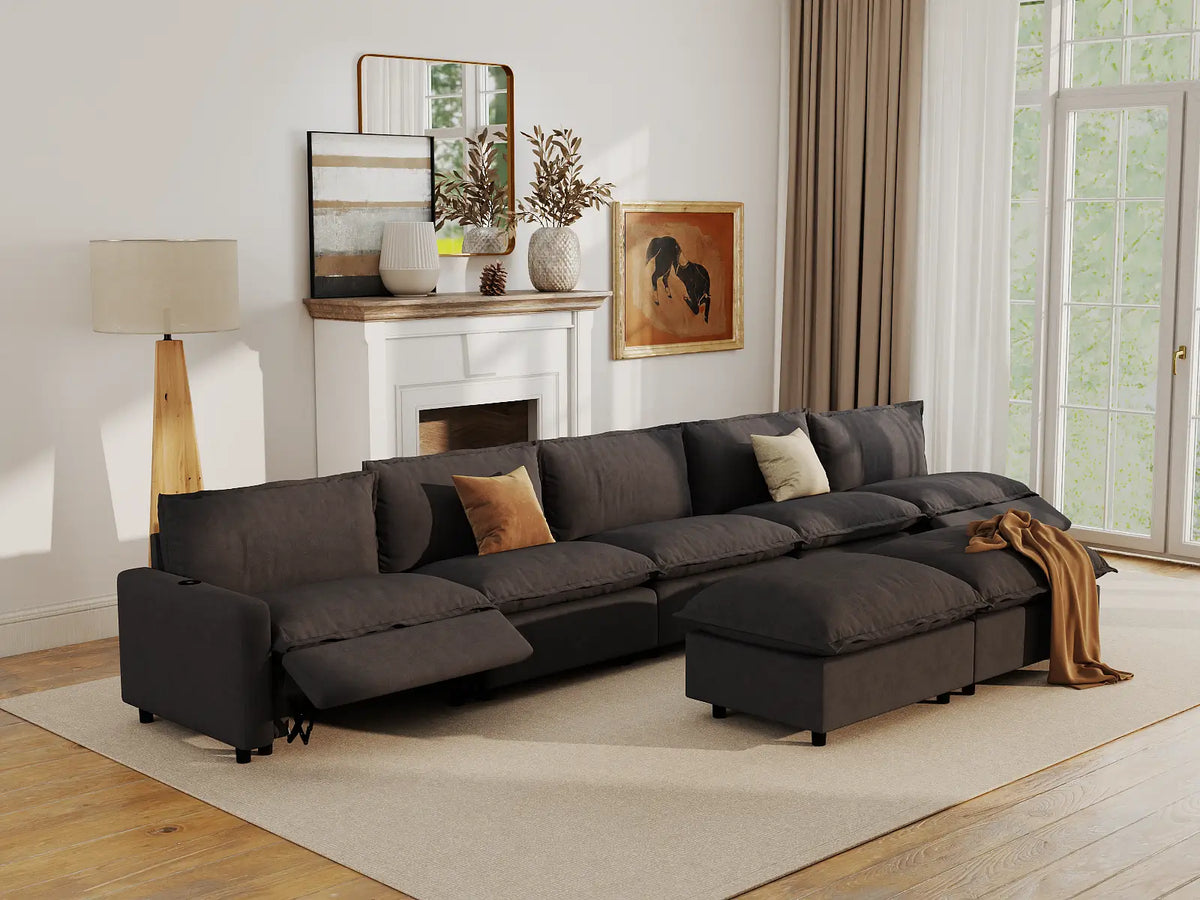 Modular Cero Power Recliner Sofa Set | 7-Piece Grey Linen Open Plan Sofa Sets 5-Seater with 2-Ottomans