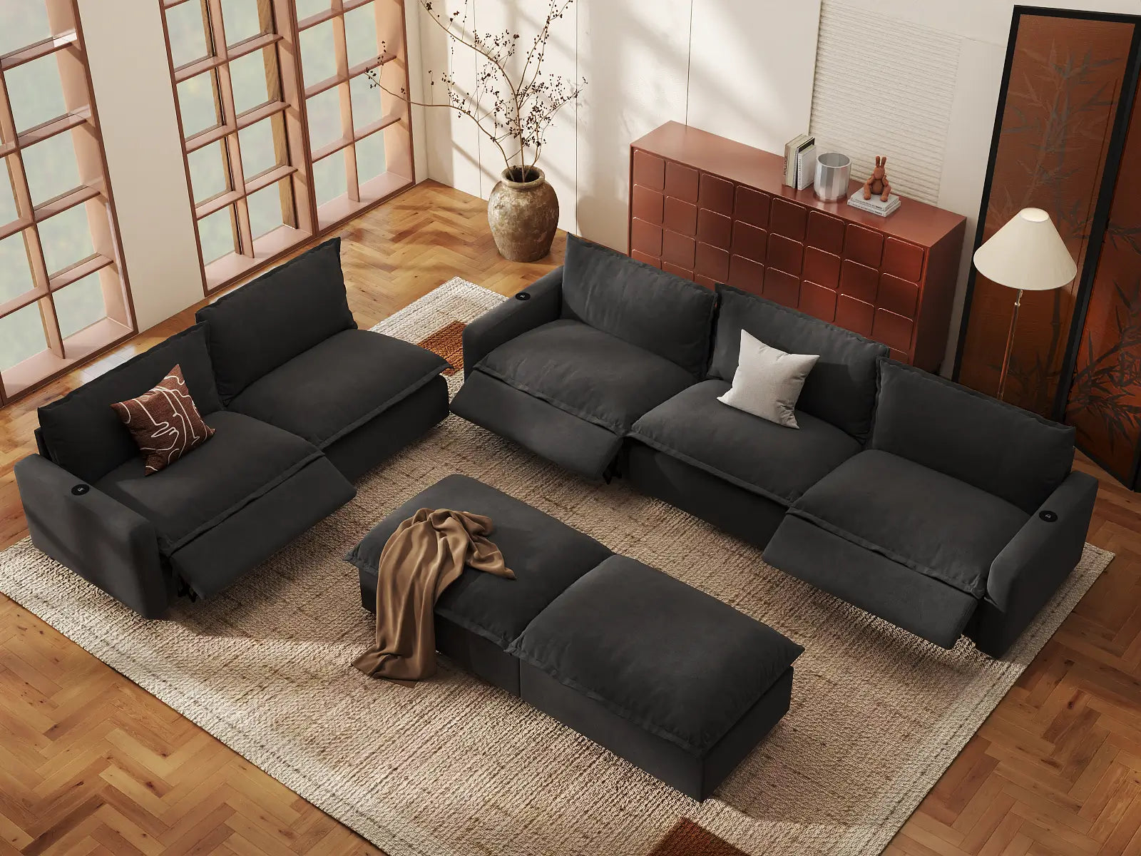 Modular Cero Power Reclining Sofa Set | 7-Piece Grey Linen Open Plan Sofa Sets 5-Seater with 2-Ottomans
