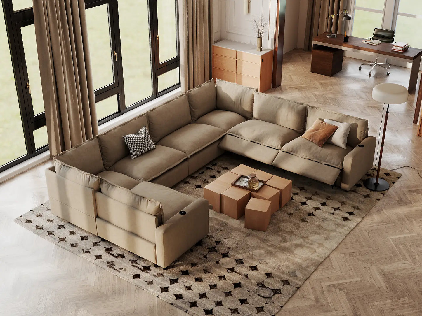 Modular Cero Reclining Sectionals | 7-Piece Khaki Linen Grand Estate U-Shaped Sectionals 7-Seater
