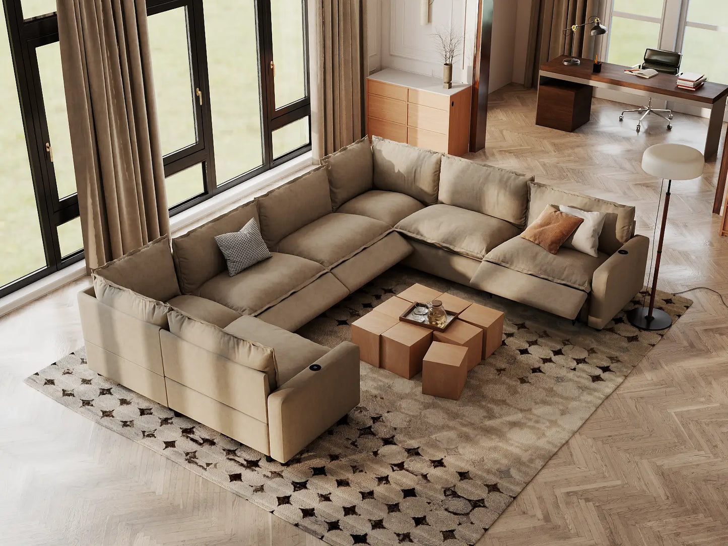 Modular Cero Reclining Sectionals | 7-Piece Khaki Linen Grand Estate U-Shaped Sectionals 7-Seater