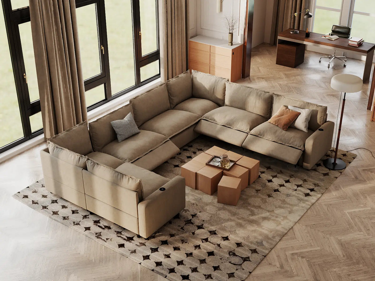 Modular Cero Reclining Sectionals | 7-Piece Khaki Linen Grand Estate U-Shaped Sectionals 7-Seater