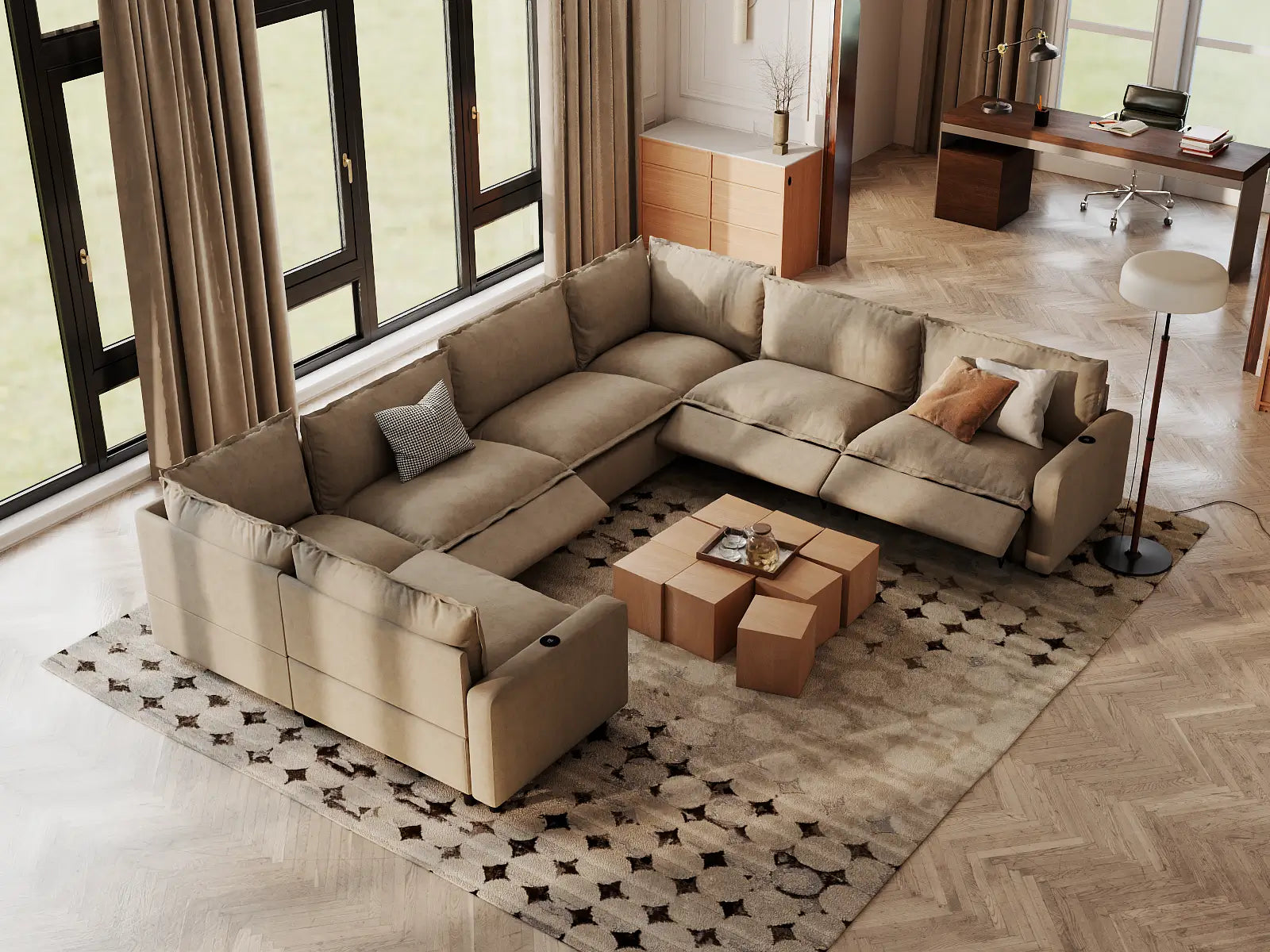 Modular Cero Power Reclining Sectional Couch | 7-Piece Khaki Linen Grand Estate U-Shaped Sectionals 7-Seater