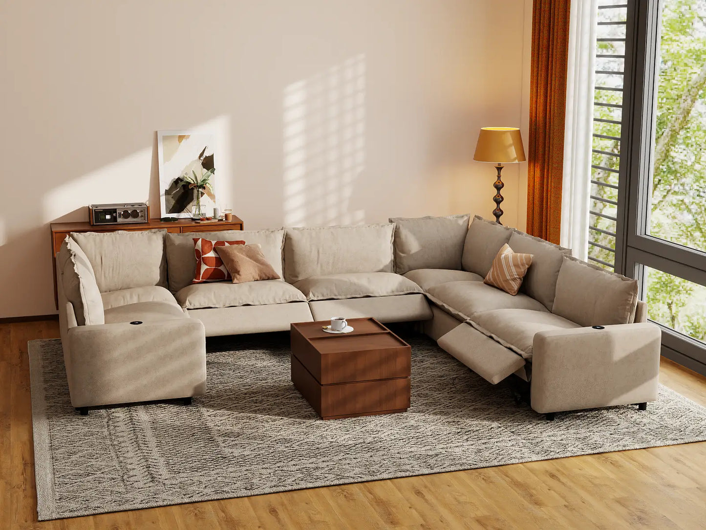 Modular Cero Reclining Sectionals | 7-Piece Khaki Linen Grand Estate U-Shaped Sectionals 7-Seater