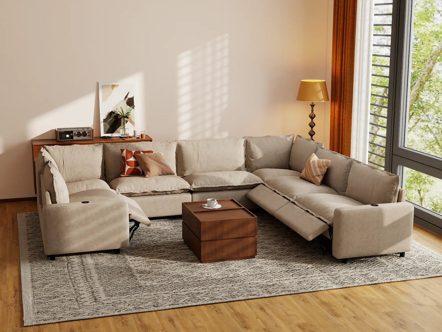 Modular Cero Reclining Sectionals | 7-Piece Khaki Linen Grand Estate U-Shaped Sectionals 7-Seater