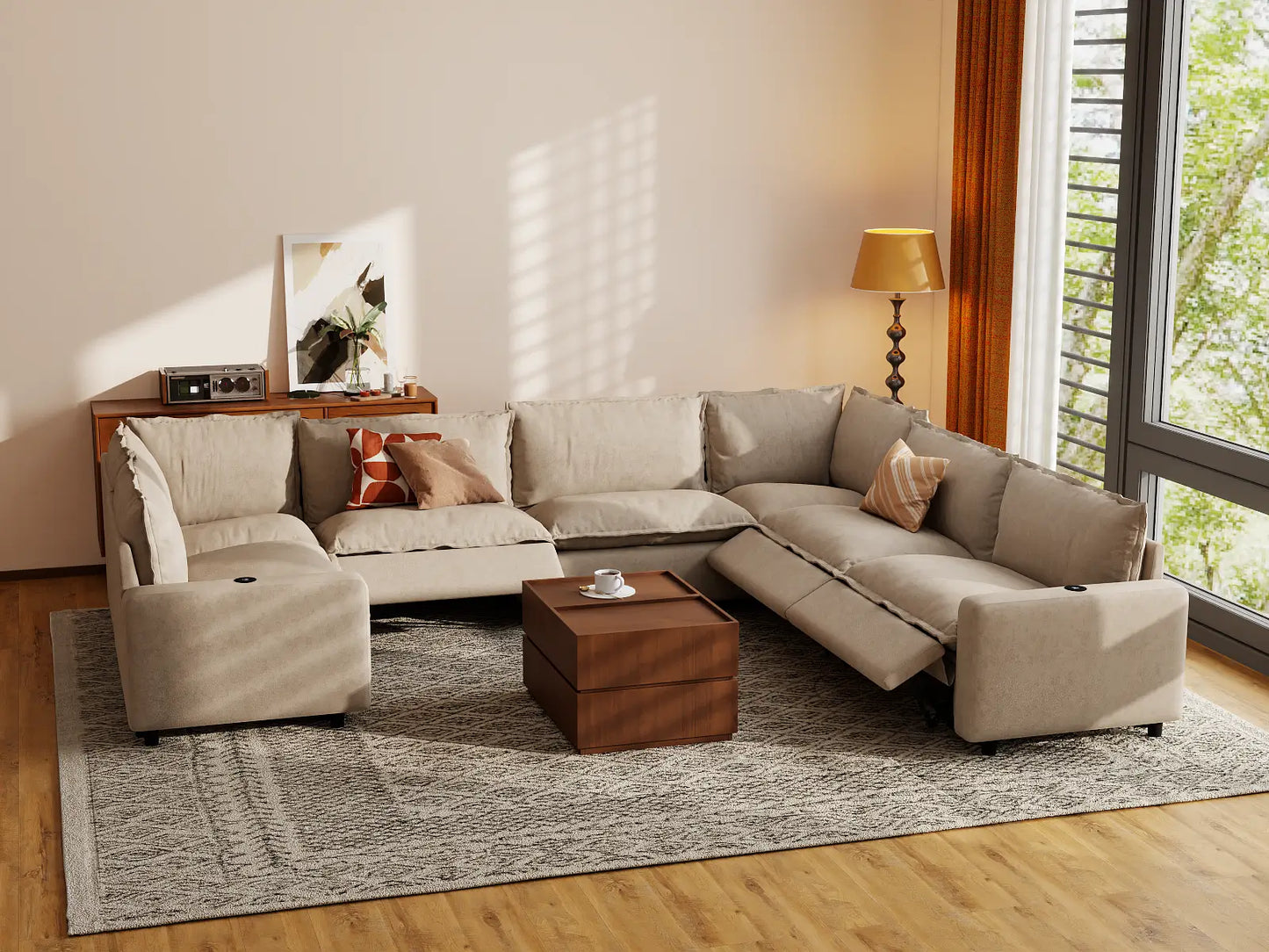 Modular Cero Reclining Sectionals | 7-Piece Khaki Linen Grand Estate U-Shaped Sectionals 7-Seater