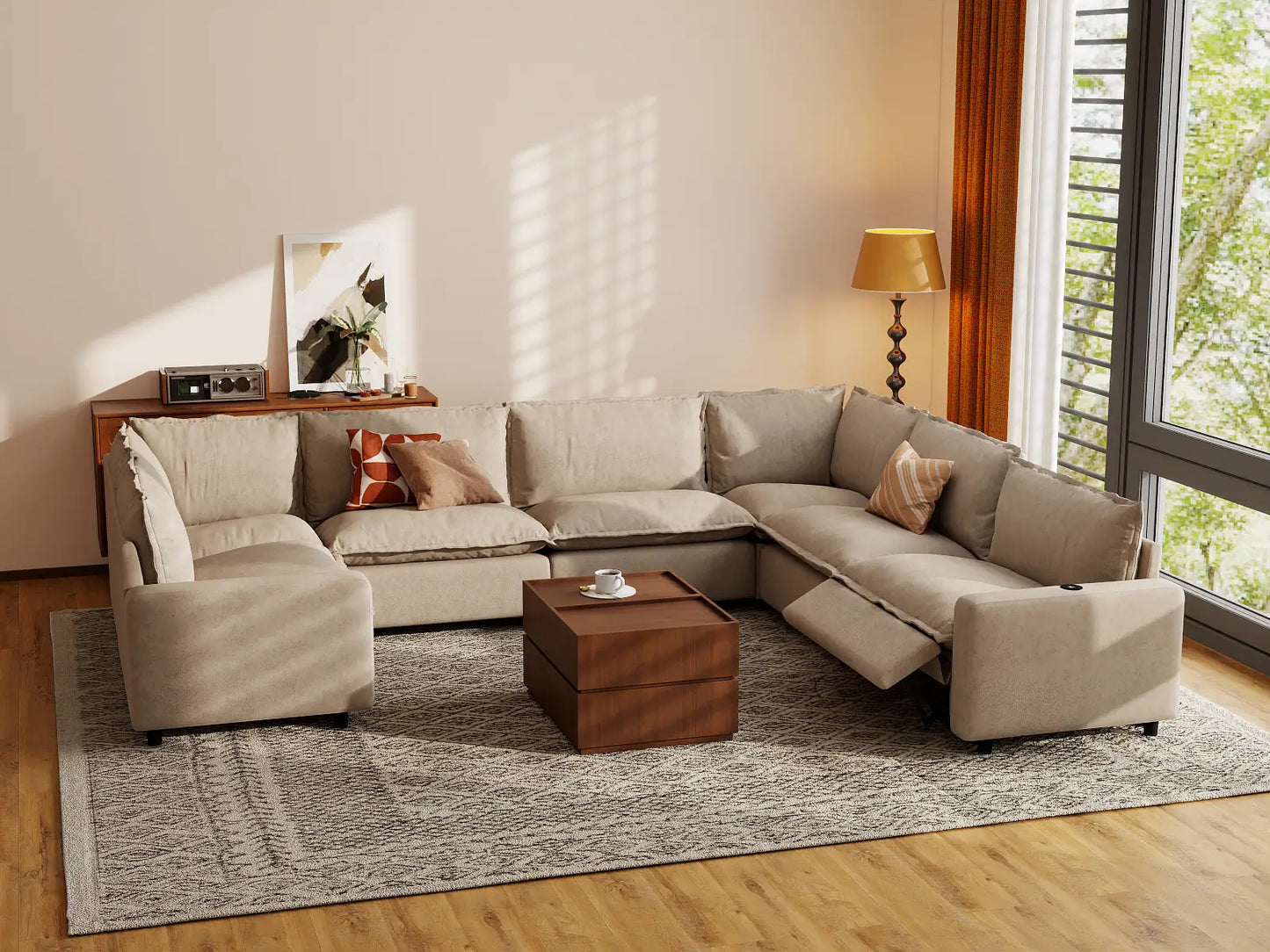 Modular Cero Reclining Sectionals | 7-Piece Khaki Linen Grand Estate U-Shaped Sectionals 7-Seater
