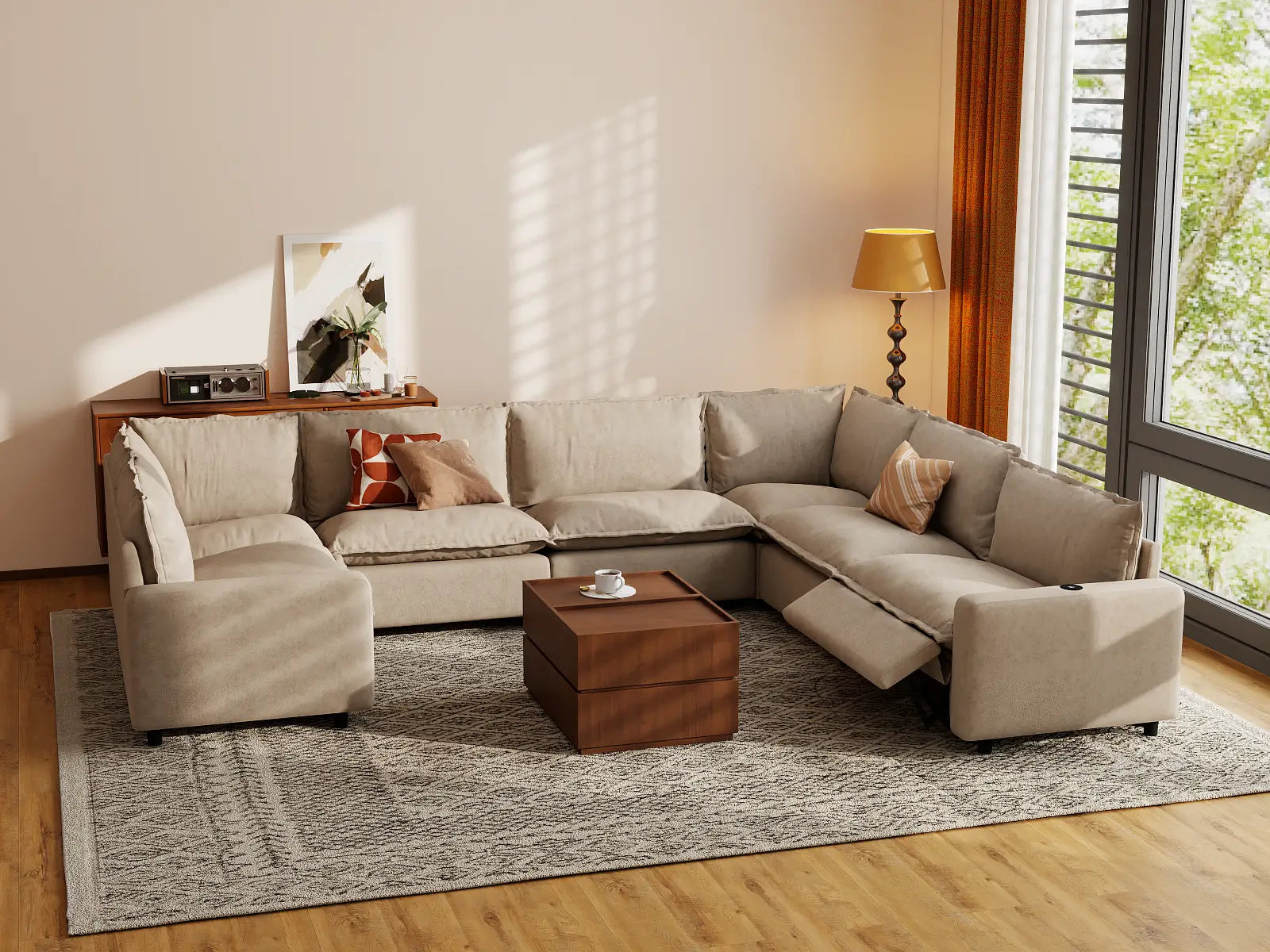 Modular Cero U Shaped Sectional with Recliner | 7-Piece Khaki Linen Grand Estate U-Shaped Sectionals 7-Seater