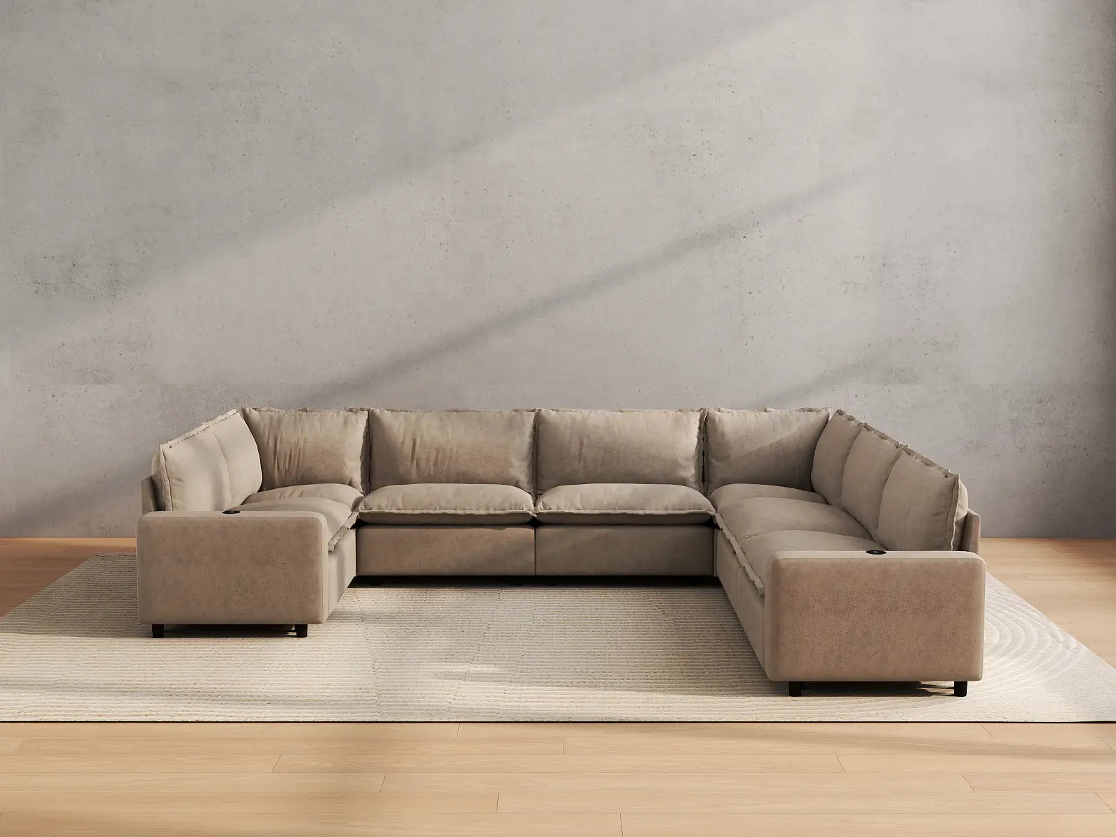 Modular Cero Modern Reclining Sectional | 7-Piece Khaki Linen Grand Estate U-Shaped Sectionals 7-Seater