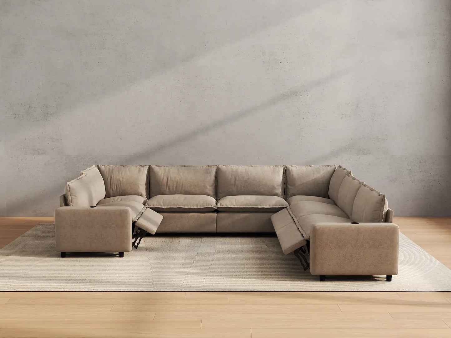 Modular Cero Reclining Sectionals | 7-Piece Khaki Linen Grand Estate U-Shaped Sectionals 7-Seater