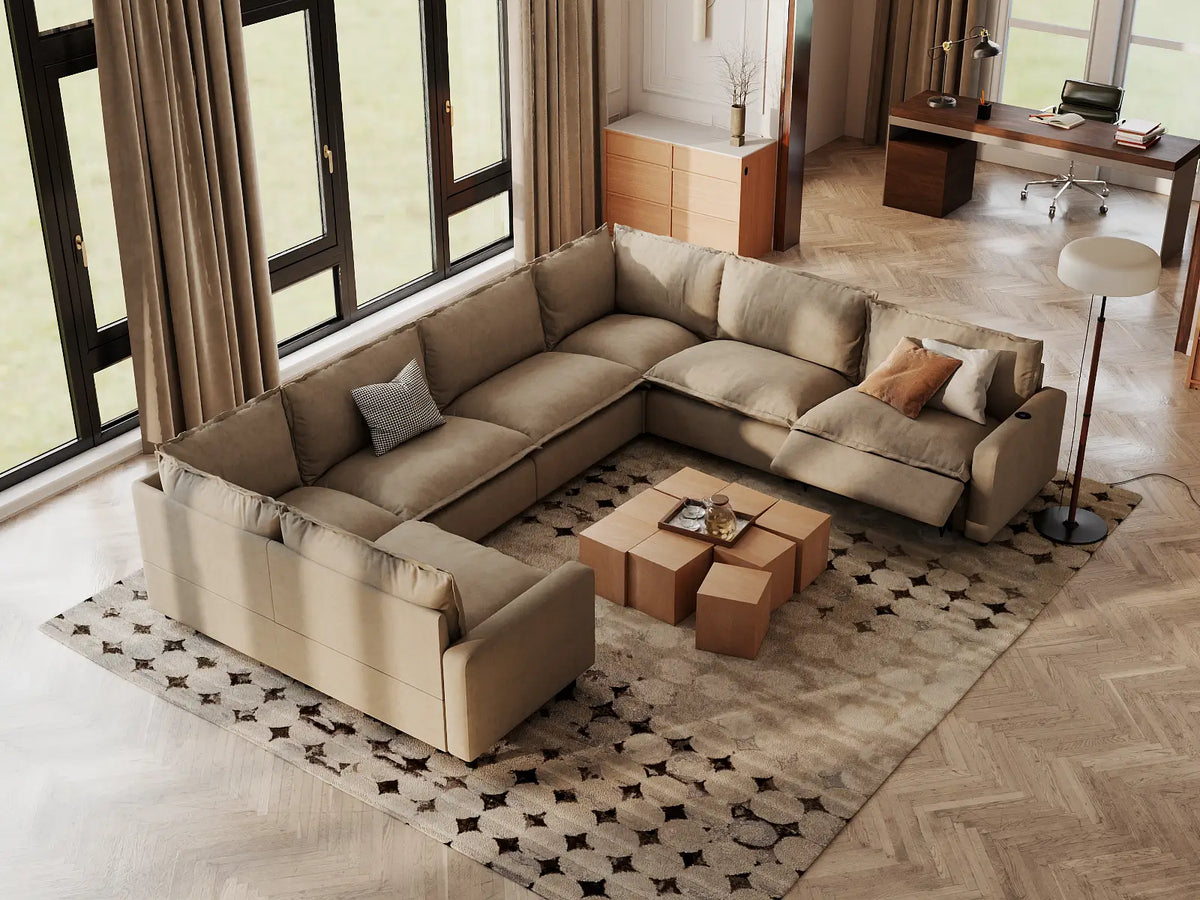 Modular Cero Reclining Sectionals | 7-Piece Khaki Linen Grand Estate U-Shaped Sectionals 7-Seater