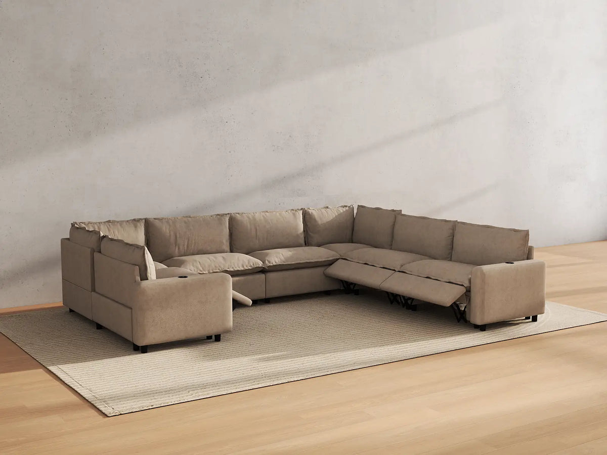 Modular Cero Reclining Sectionals | 7-Piece Khaki Linen Grand Estate U-Shaped Sectionals 7-Seater