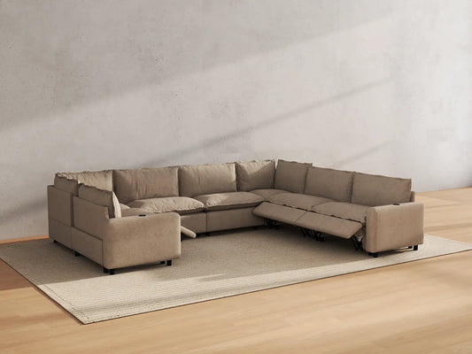Modular Cero Reclining Sectionals | 7-Piece Khaki Linen Grand Estate U-Shaped Sectionals 7-Seater