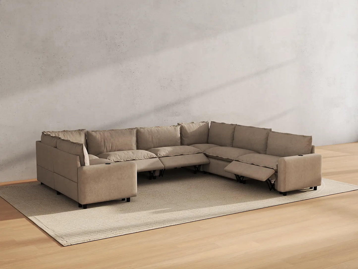 Modular Cero Reclining Sectionals | 7-Piece Khaki Linen Grand Estate U-Shaped Sectionals 7-Seater