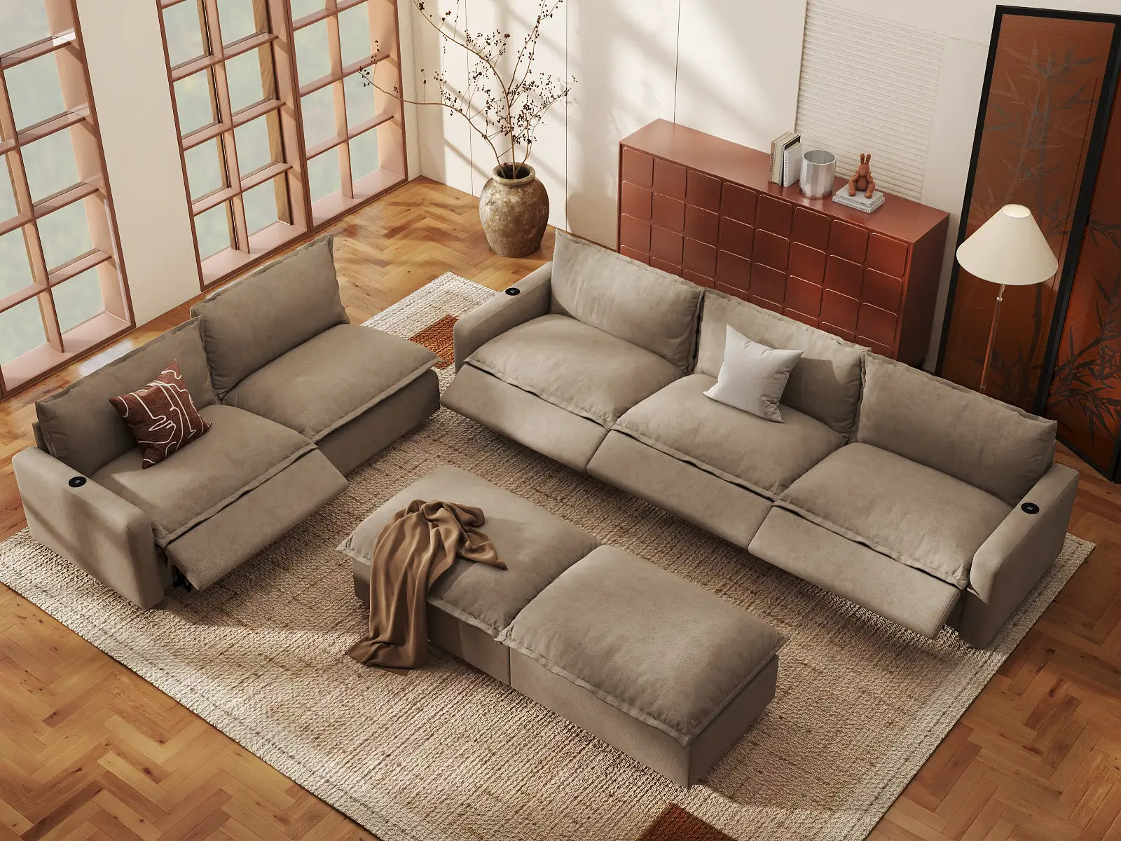 Modular Cero Reclining Sofa and Recliner Set | 7-Piece Khaki Linen Large Space Sofa Sets 5-Seater with 2-Ottomans