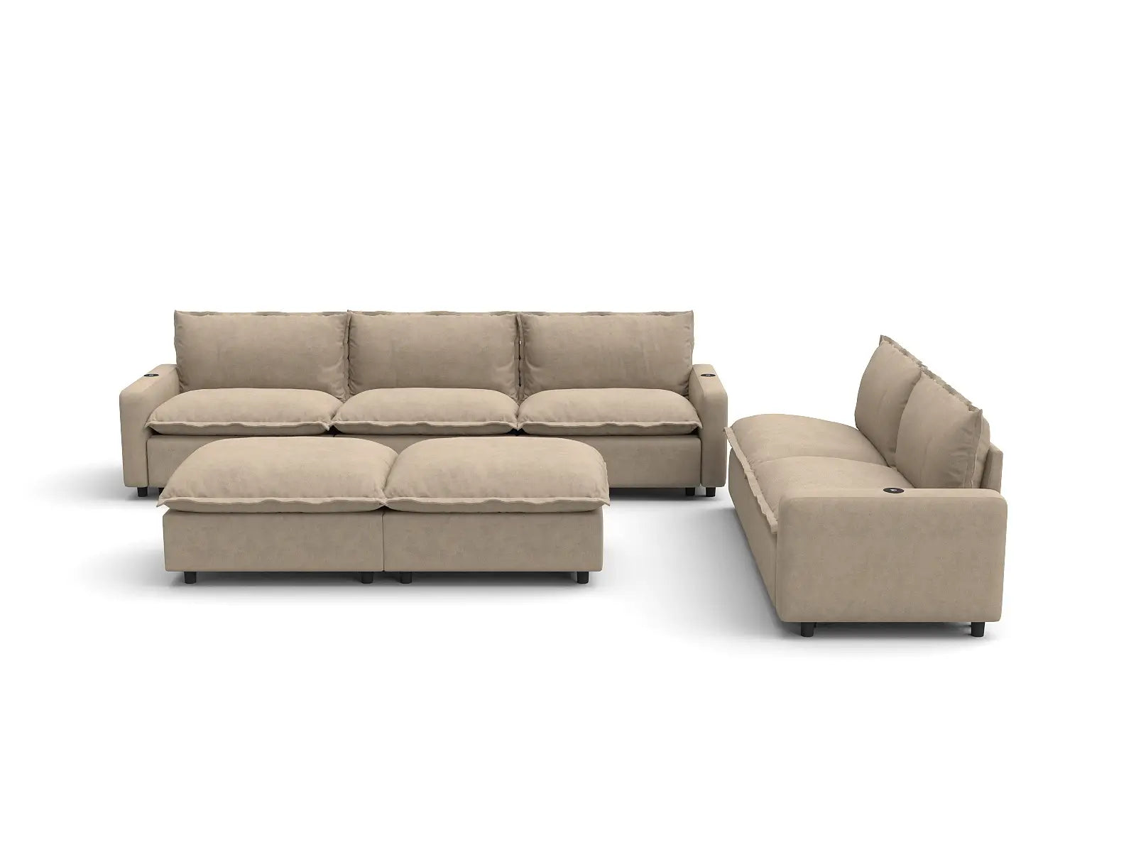 Modular Cero Reclining Sofa and Recliner Set | 7-Piece Khaki Linen Large Space Sofa Sets 5-Seater with 2-Ottomans