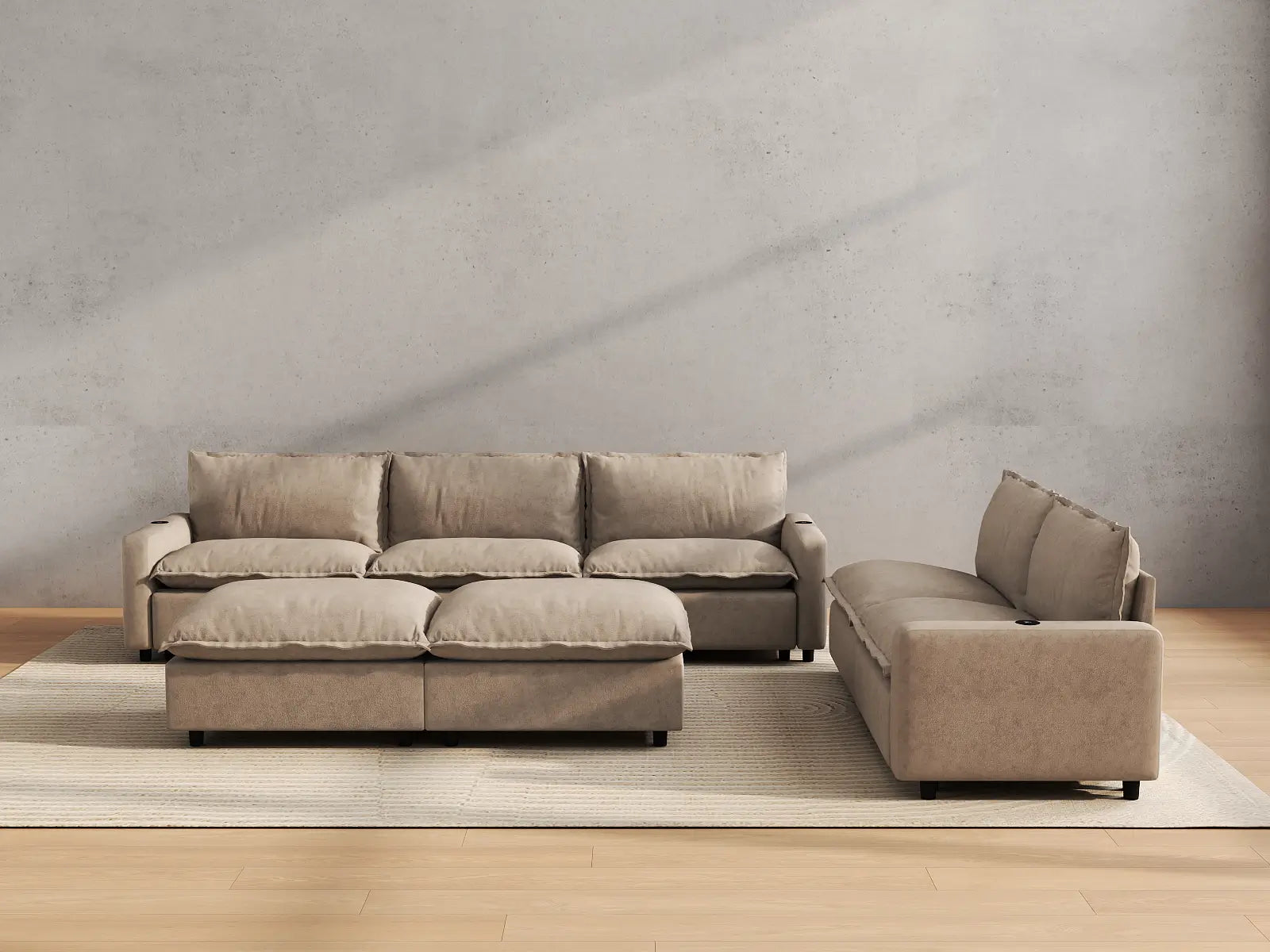 Modular Cero Reclining Sofa and Recliner Set | 7-Piece Khaki Linen Large Space Sofa Sets 5-Seater with 2-Ottomans