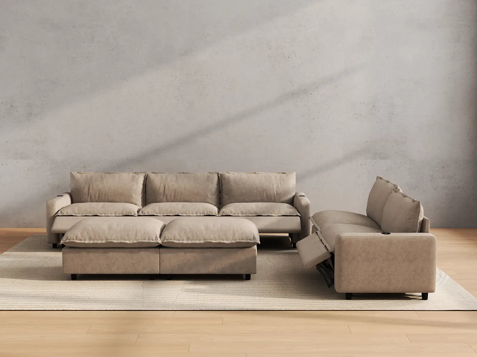 Modular Cero Reclining Sofa and Recliner Set | 7-Piece Khaki Linen Large Space Sofa Sets 5-Seater with 2-Ottomans
