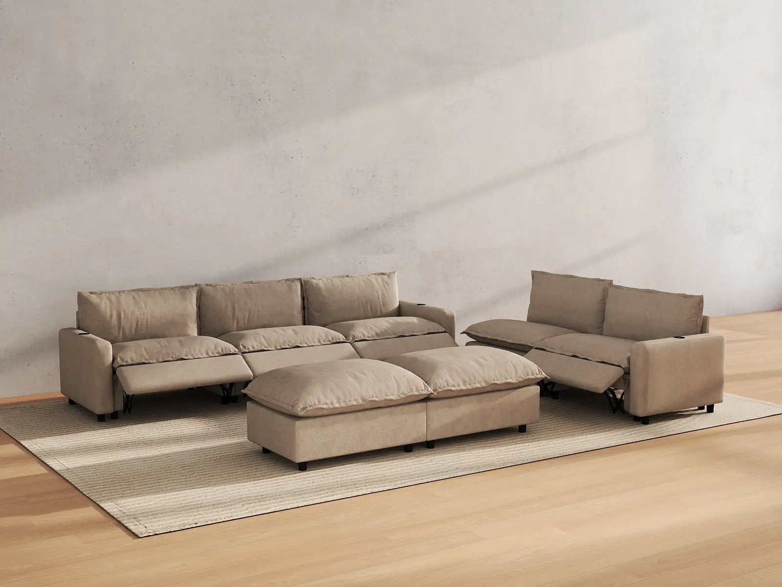 Modular Cero Reclining Sofa and Recliner Set | 7-Piece Khaki Linen Large Space Sofa Sets 5-Seater with 2-Ottomans