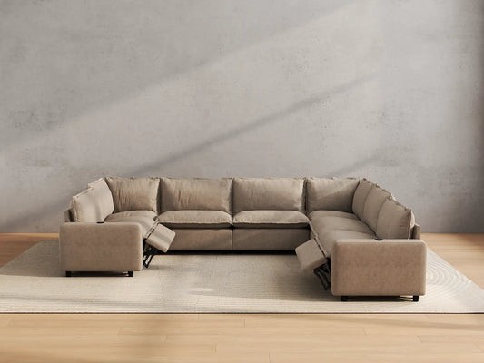 Modular Cero Reclining Sectionals | 7-Piece Khaki Linen Large Space U-Shaped Sectionals 7-Seater
