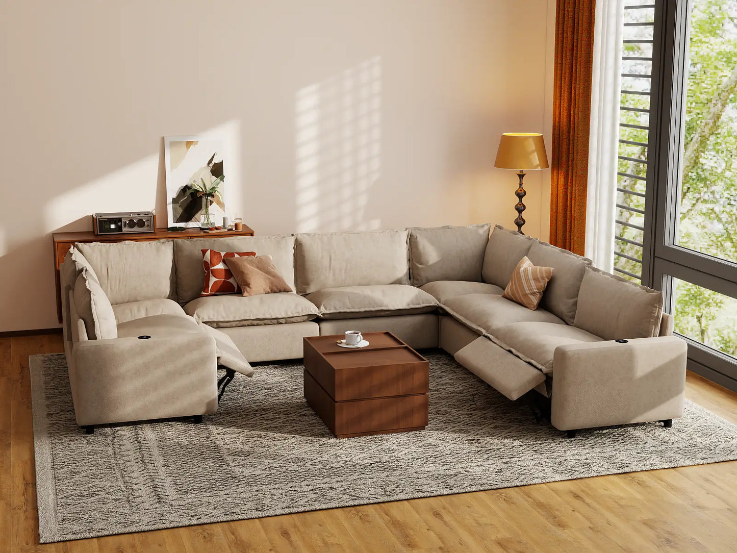 Modular Cero Sectional Couch and Recliner | 7-Piece Khaki Linen Large Space U-Shaped Sectionals 7-Seater