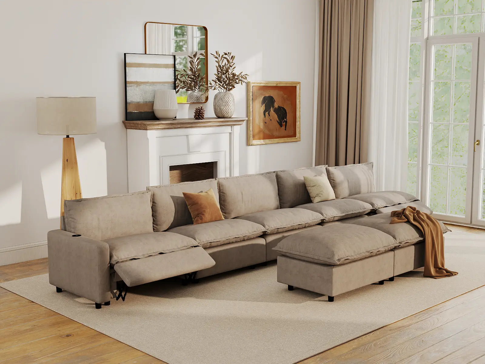 Modular Cero Sofa Set Recliner | 7-Piece Khaki Linen Open Plan Sofa Sets 5-Seater with 2-Ottomans