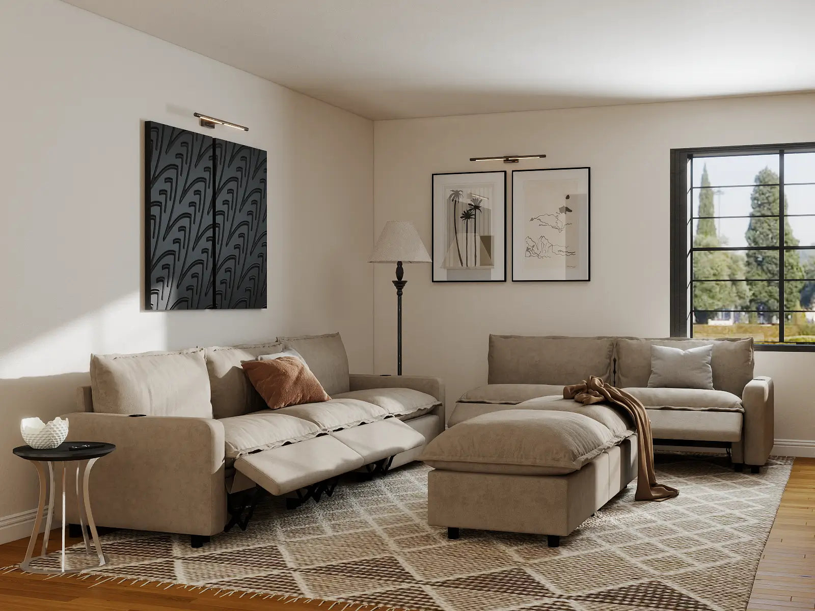 Modular Cero Power Recliner Sofa Set for Living Room | 7-Piece Khaki Linen Open Plan Sofa Sets 5-Seater with 2-Ottomans