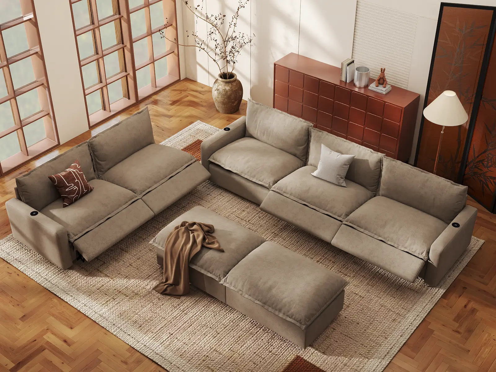 Modular Cero Power Recliner Sofa Set for Living Room | 7-Piece Khaki Linen Open Plan Sofa Sets 5-Seater with 2-Ottomans