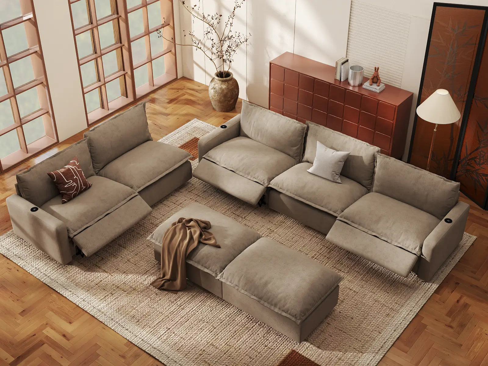 Modular Cero Living Room Sofa Set Recliner | 7-Piece Khaki Linen Open Plan Sofa Sets 5-Seater with 2-Ottomans