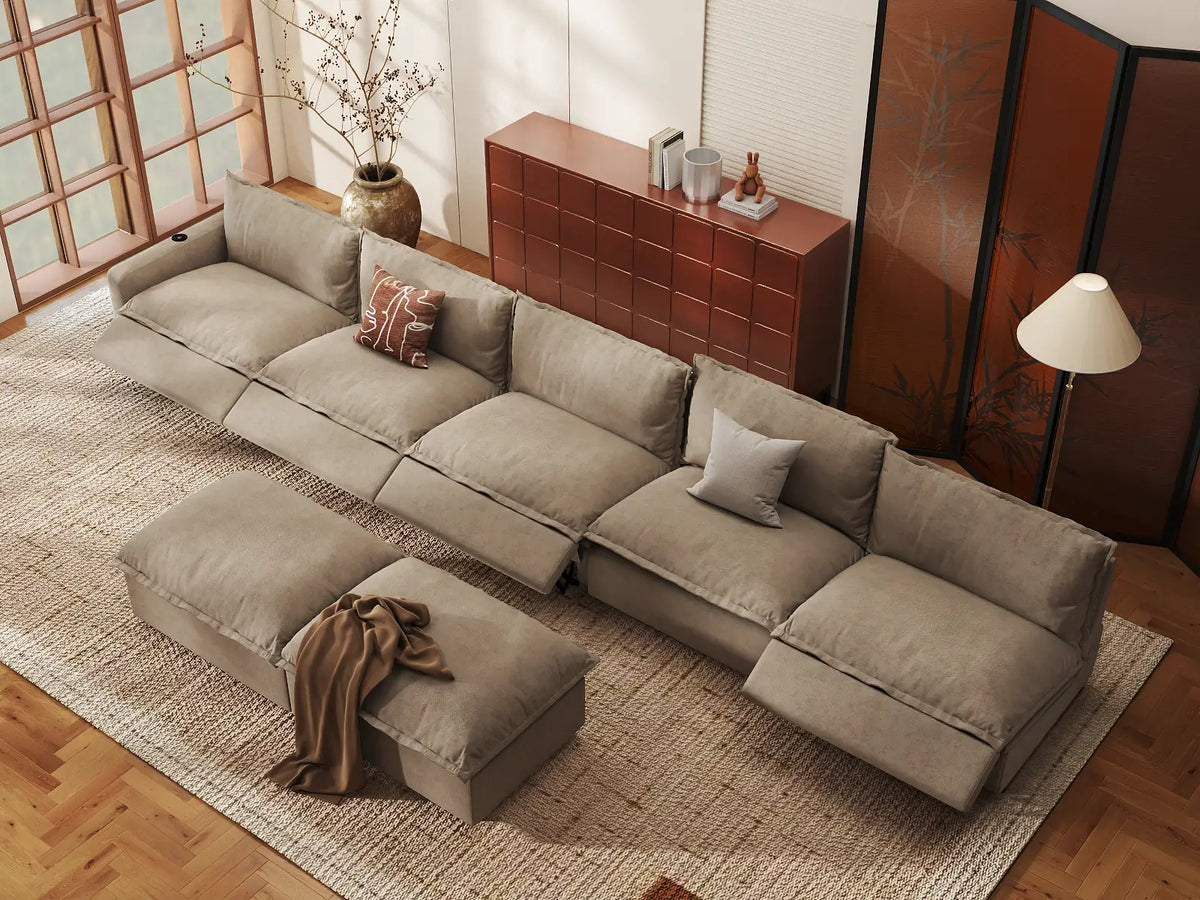 Modular Cero Sofa Set with Recliner | 7-Piece Khaki Linen Open Plan Sofa Sets 5-Seater with 2-Ottomans