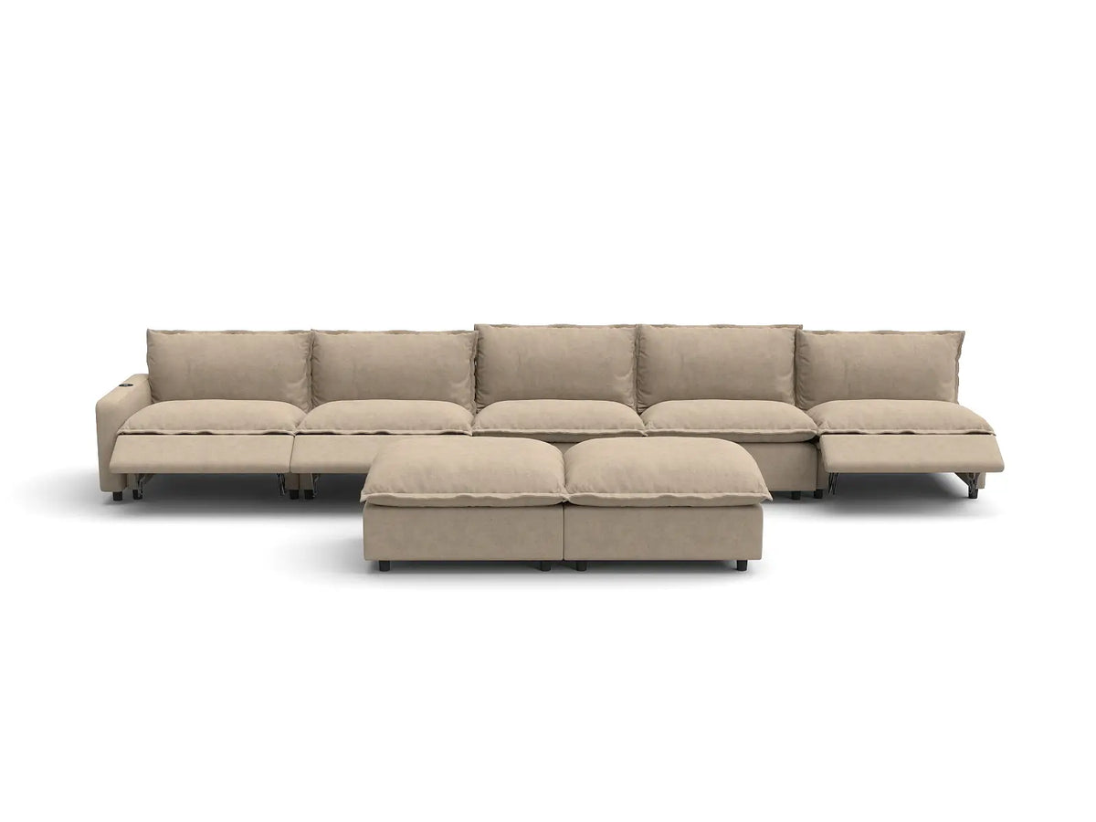 Modular Cero Power Reclining Sofa Set | 7-Piece Khaki Linen Open Plan Sofa Sets 5-Seater with 2-Ottomans