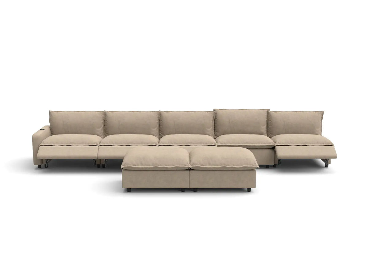 Modular Cero Sofa Set with Recliner | 7-Piece Khaki Linen Open Plan Sofa Sets 5-Seater with 2-Ottomans