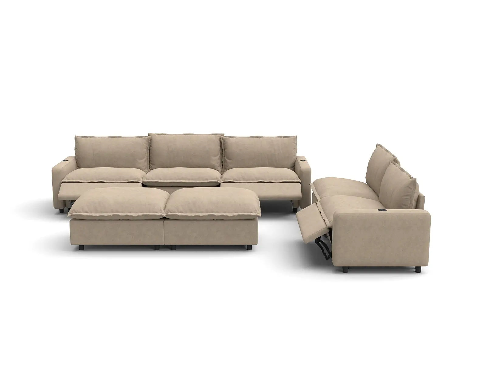 Modular Cero Living Room Sofa Set Recliner | 7-Piece Khaki Linen Open Plan Sofa Sets 5-Seater with 2-Ottomans