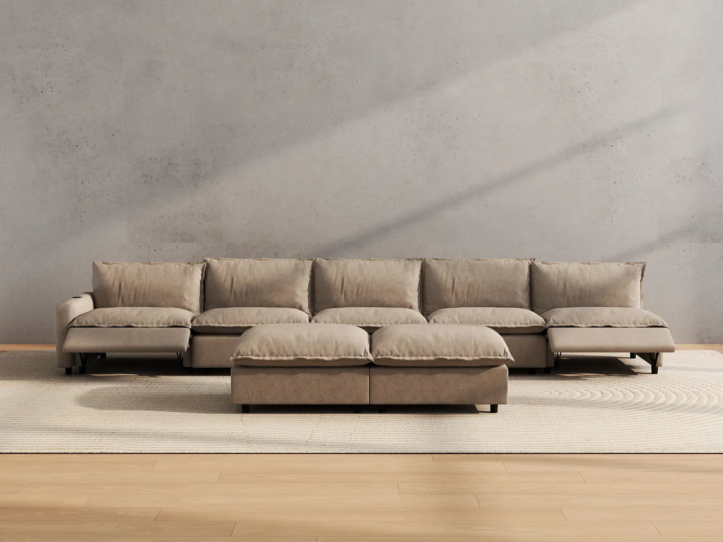 Modular Cero Reclining Sectionals | 7-Piece Khaki Linen Open Plan Sofa Sets 5-Seater with 2-Ottomans