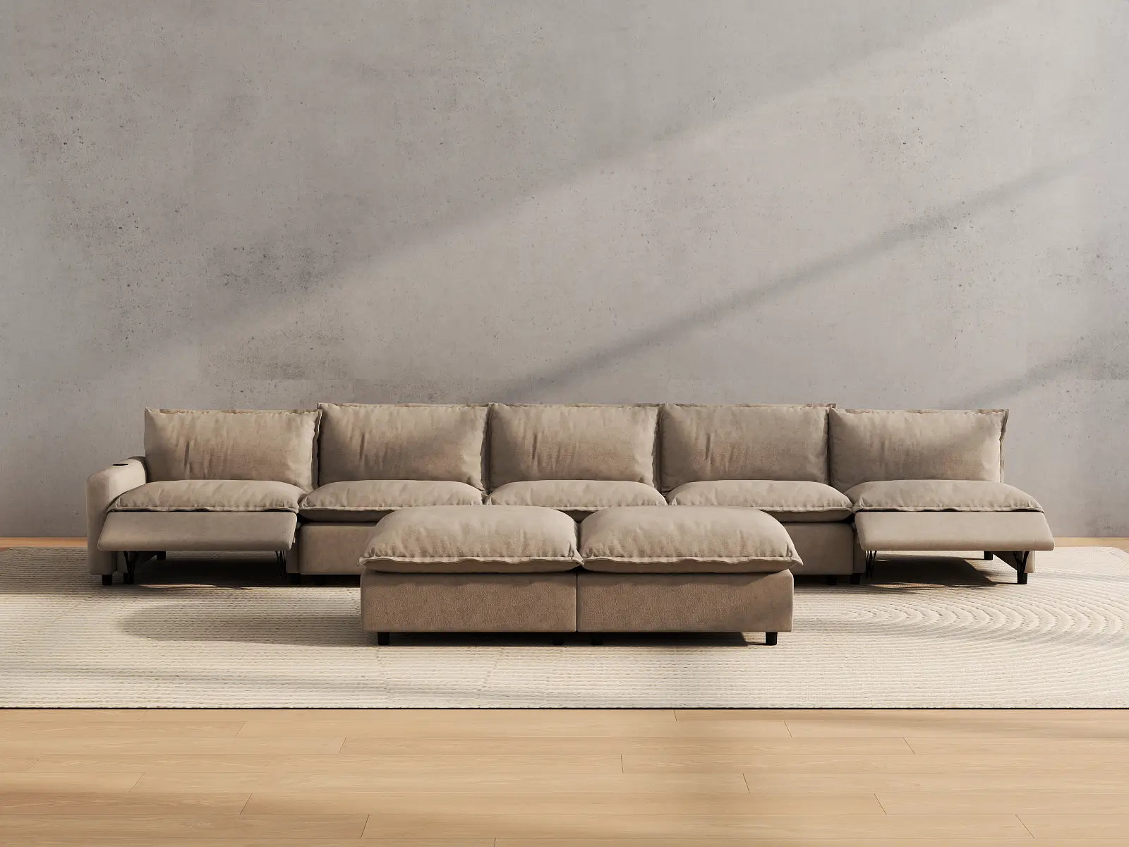 Modular Cero Sofa Set Recliner | 7-Piece Khaki Linen Open Plan Sofa Sets 5-Seater with 2-Ottomans