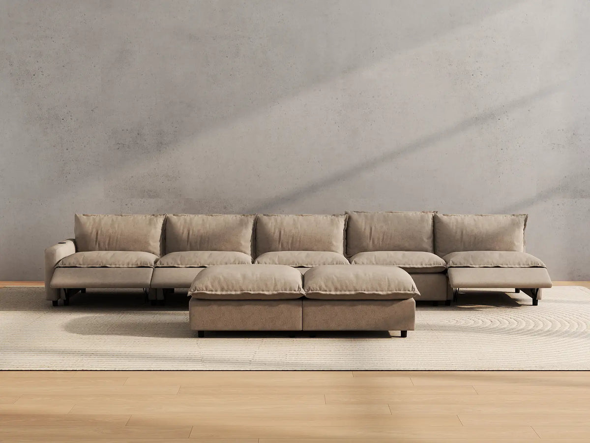 Modular Cero Sofa Set with Recliner | 7-Piece Khaki Linen Open Plan Sofa Sets 5-Seater with 2-Ottomans
