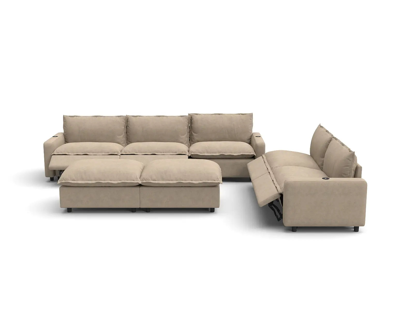 Modular Cero Power Recliner Sofa Set for Living Room | 7-Piece Khaki Linen Open Plan Sofa Sets 5-Seater with 2-Ottomans
